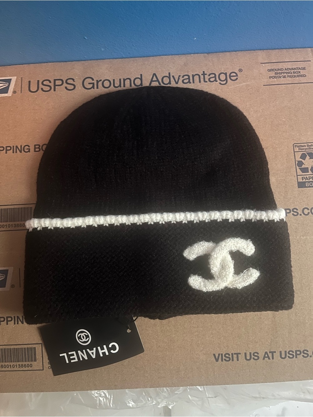 CHANEL Black and White Knit Beanie with CC Emblem